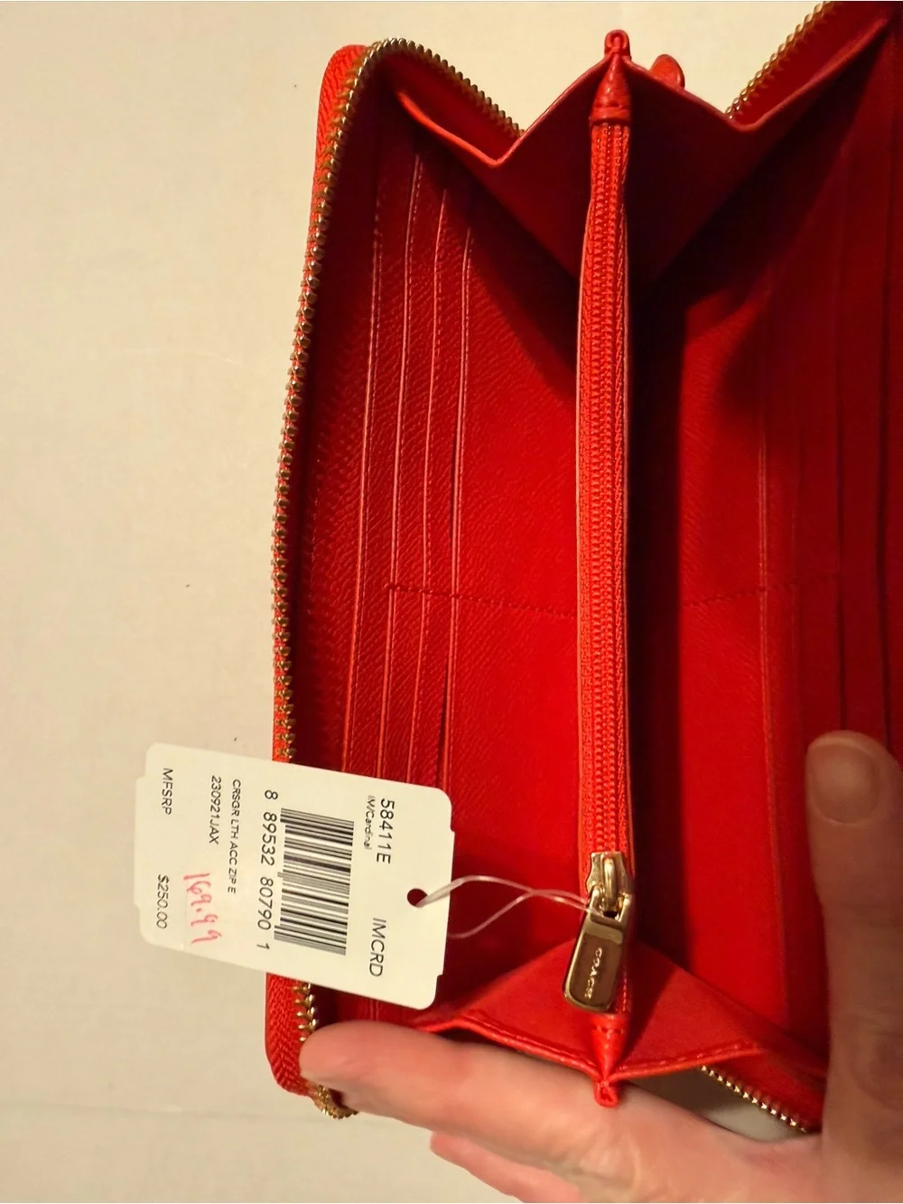Coach Red Pebbled Leather Zip Wallet with Logo